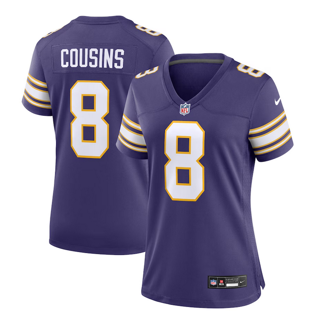 Women's Minnesota Vikings #8 Kirk Cousins Purple 2023 Stitched Game Jersey(Run Small)